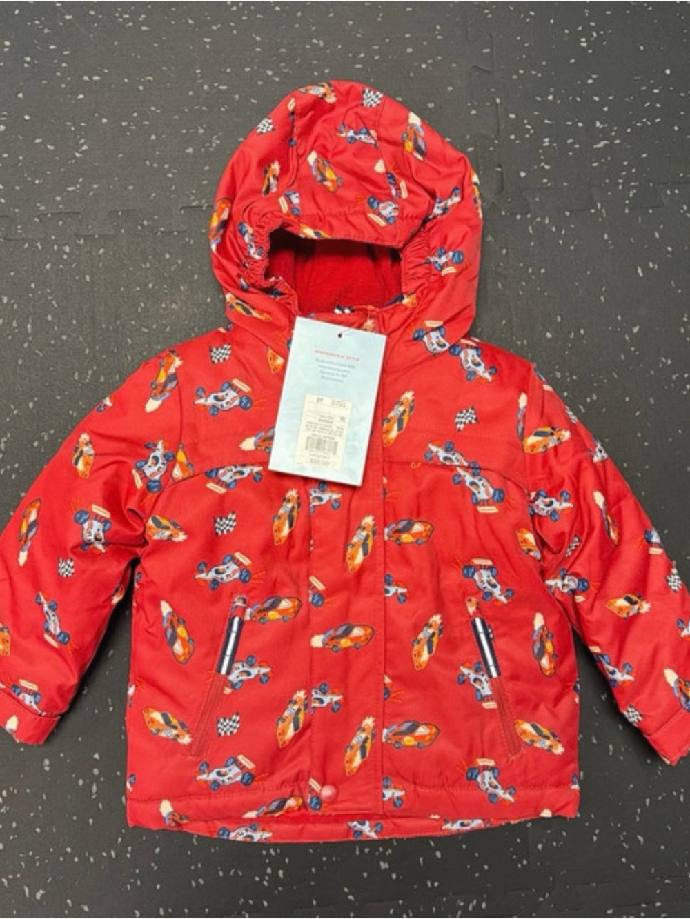 Cat & Jack Red Hooded Puffer Jacket with Race Car Print